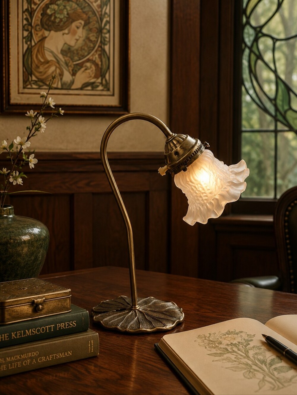 Leviton Brass Lily Pad Gooseneck Lamp Frosted Ruffled Glass Tulip Shade MCM
